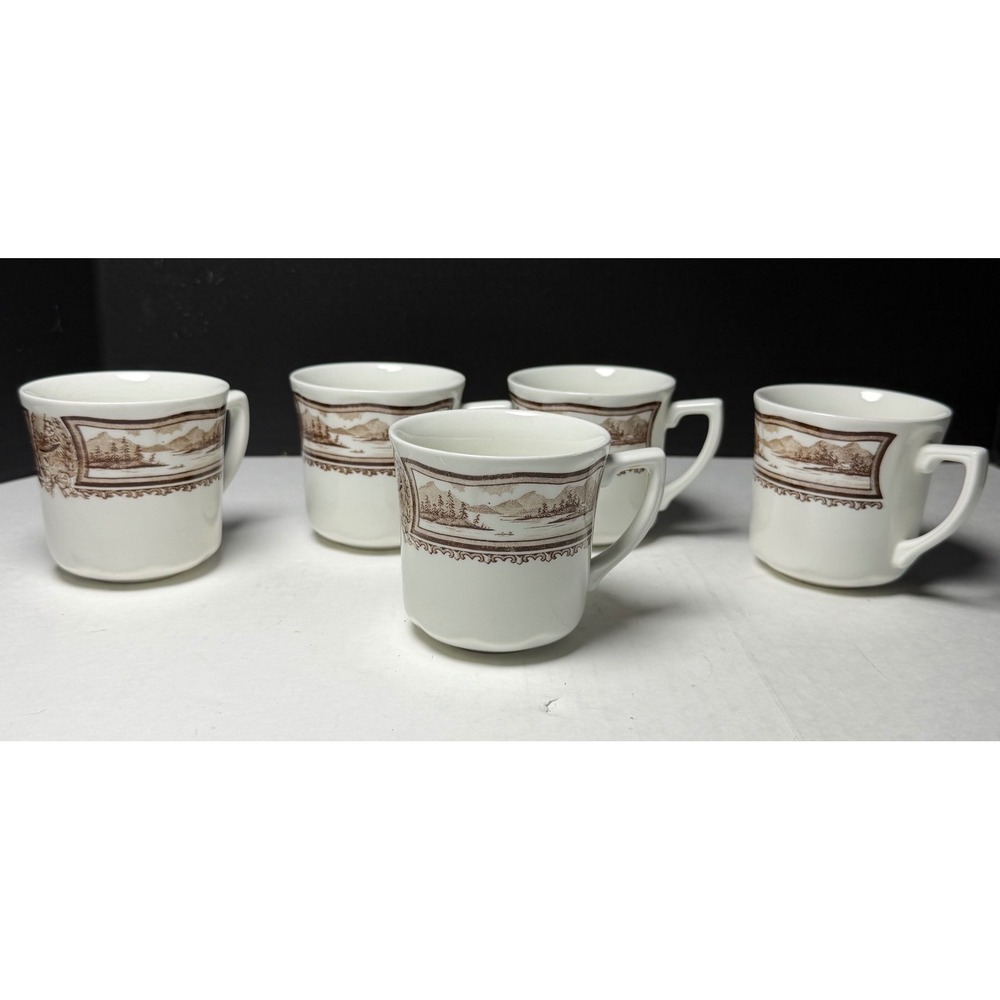 Vintage J&G Meakin England Ironstone Mugs Brown Transferware Landscape Set of 5